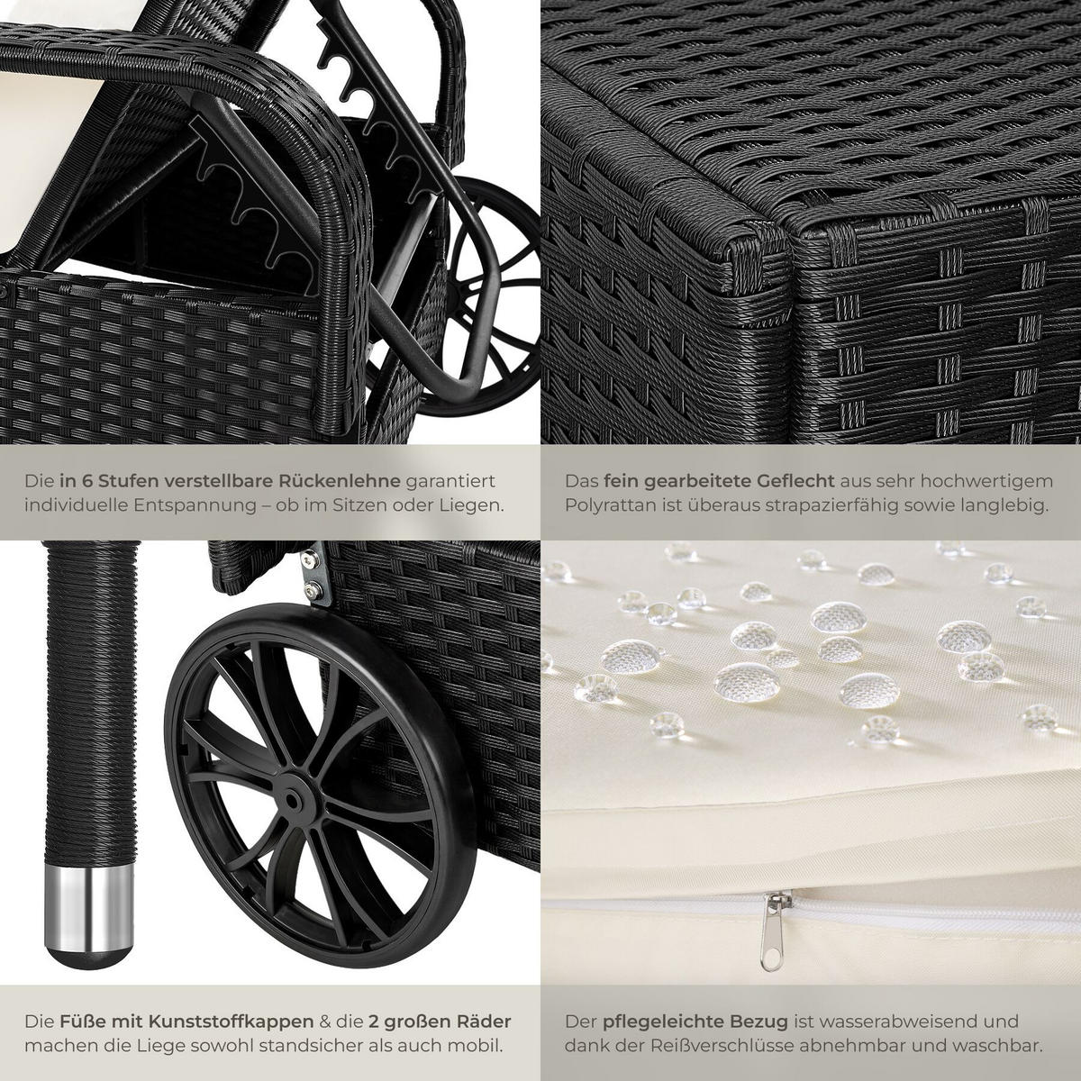 RATTAN-SONNENLIEGE, 200 x 70 x 33 cm, schwarz/beige - Beige/Schwarz, Kunststoff (70/33/200cm) - tectake