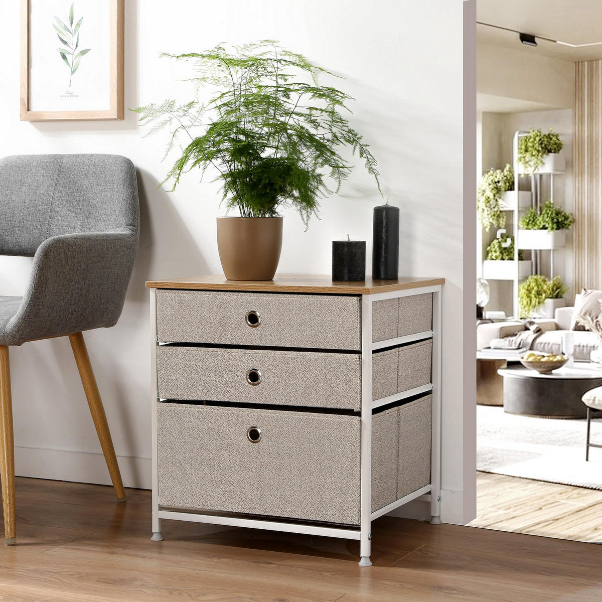 KOMMODE mit 3 Schubladen aus hellem Vliesstoff - L48 cm - Weiß, Holzwerkstoff (40/51/48cm) - Calicosy