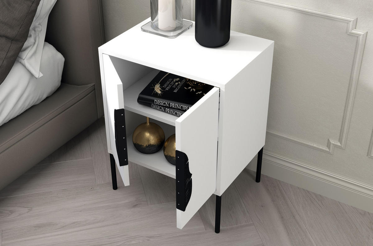 NACHTTISCH Merlin, Weiß, Schwarze Details - Schwarz/Weiß, Holzwerkstoff/Metall (54/69/40cm) - Skandica