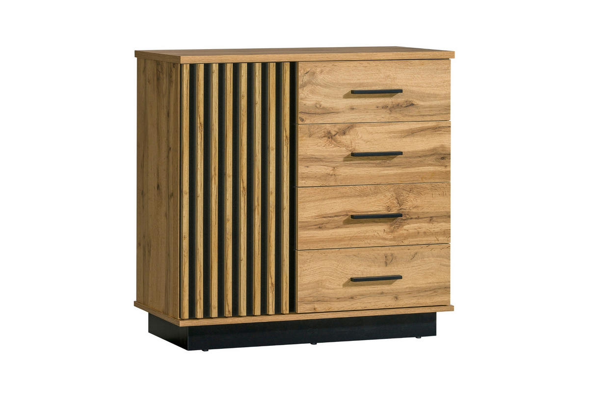 KOMMODE LAMELO 5 90/89/40 cm in Wotan Eiche / Schwarz Matt mit Lamellen - Eiche Wotan/Schwarz, Holzwerkstoff (90/89/40cm) - Deine Möbel 24