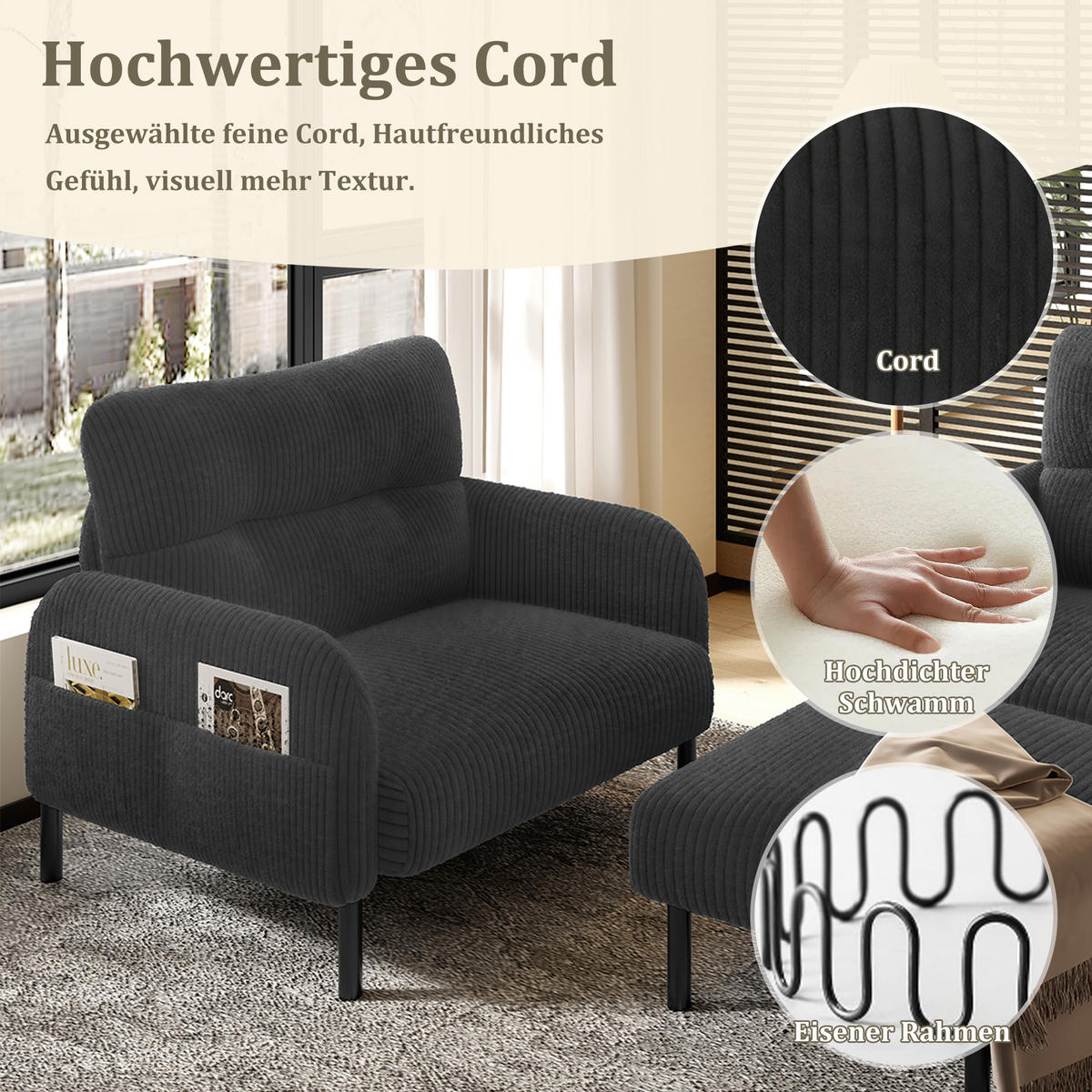 SOFA Set, 2-Sitzer+Sessel+Hocker, Cord, Grau - Schwarz/Grau, Textil/Metall (120/79/75cm) - LVHOM