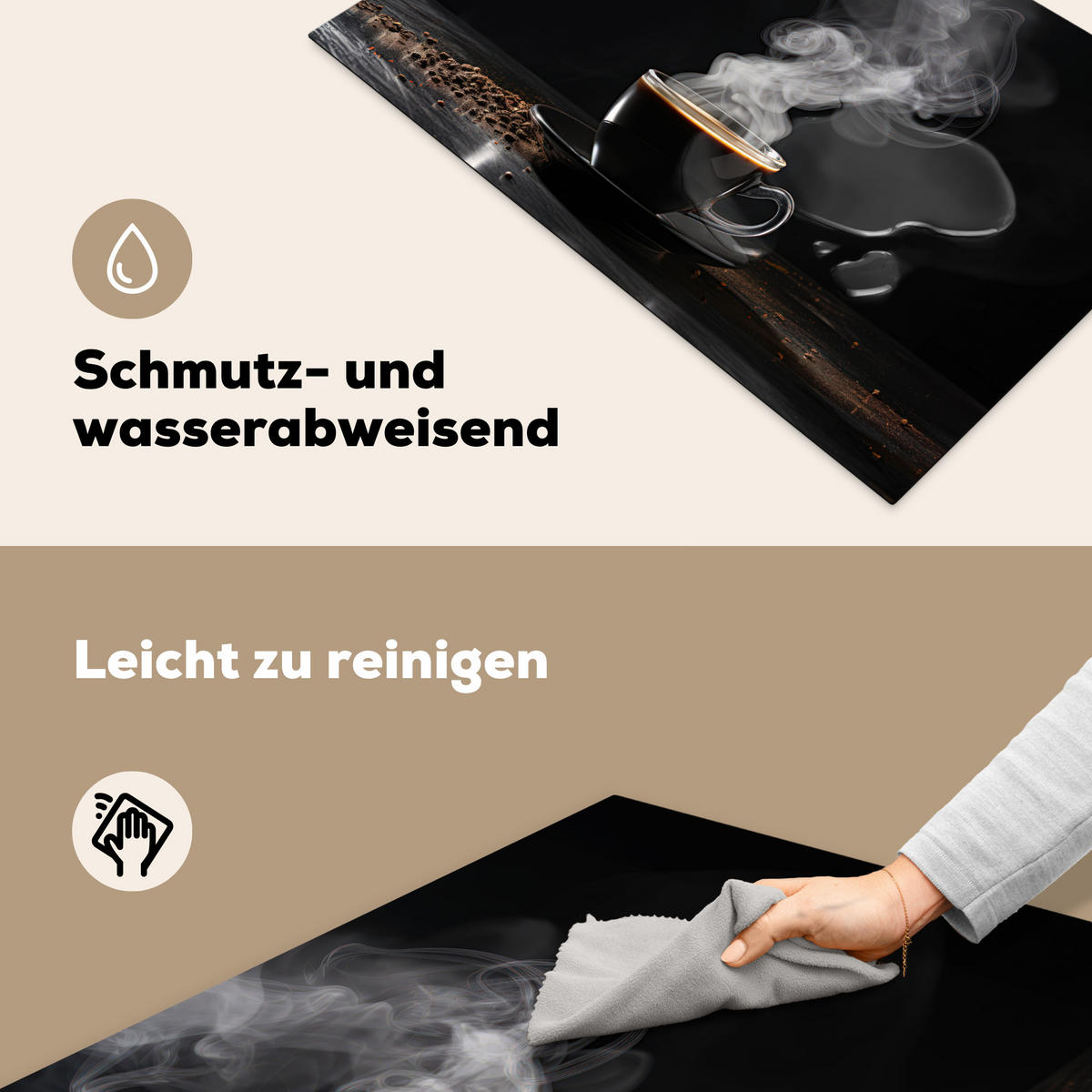 HERDABDECKPLATTE Kaffee - Schwarz - Bohnen - Heiß - Tasse Induktionsmatte 81x52 cm - Schwarz, Kunststoff (81/52/0.2cm) - MuchoWow