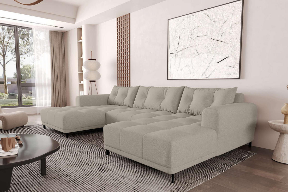 WOHNLANDSCHAFT Strukturstoff Beige inkl. Schlaffunktion - Beige/Schwarz, Textil/Metall (348/94/181cm) - 99rooms