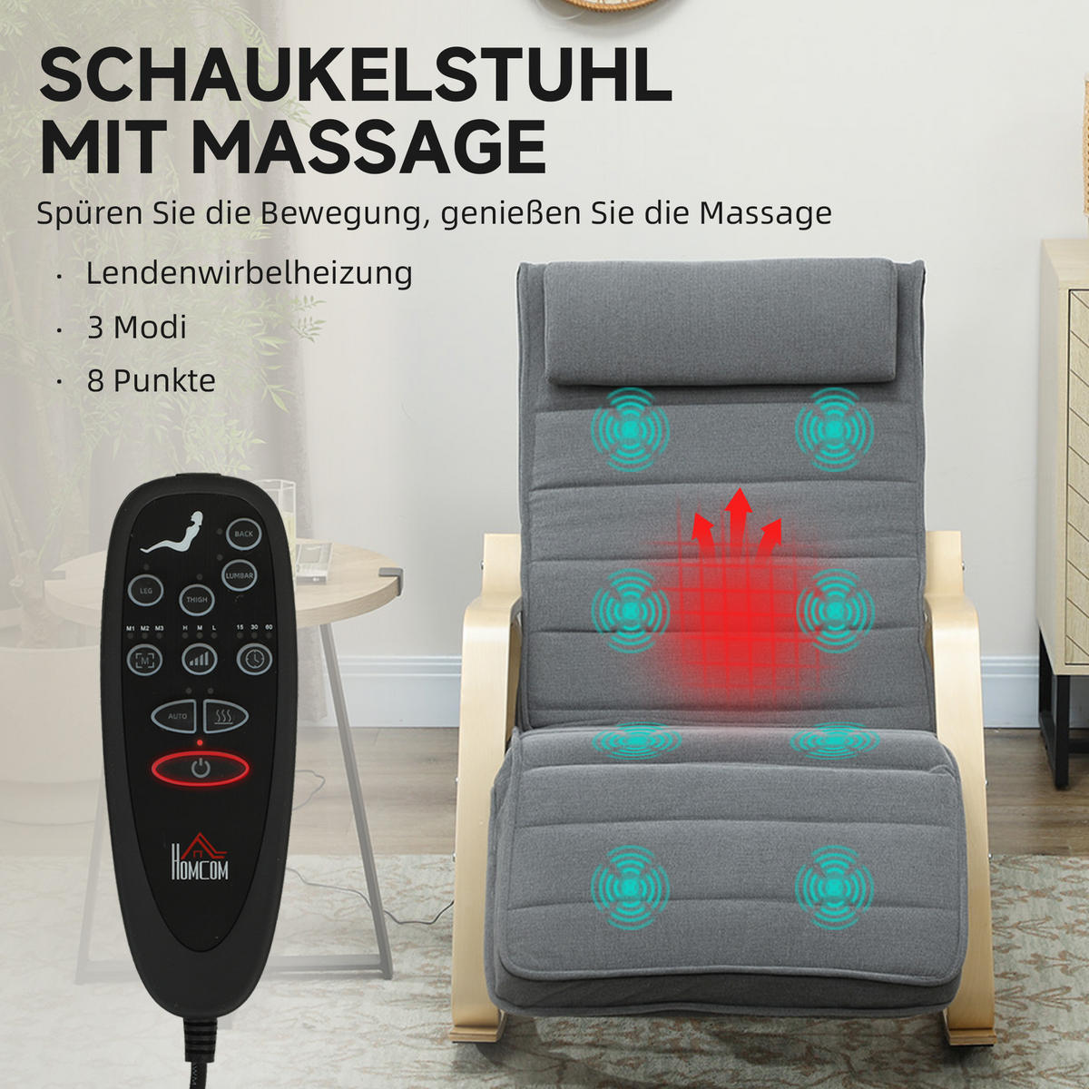 SCHAUKELSTUHL DE-07550 mit Massagefunktion und Lendenheizung Grau - Grau, Textil (67/92/106cm) - ComfortXL