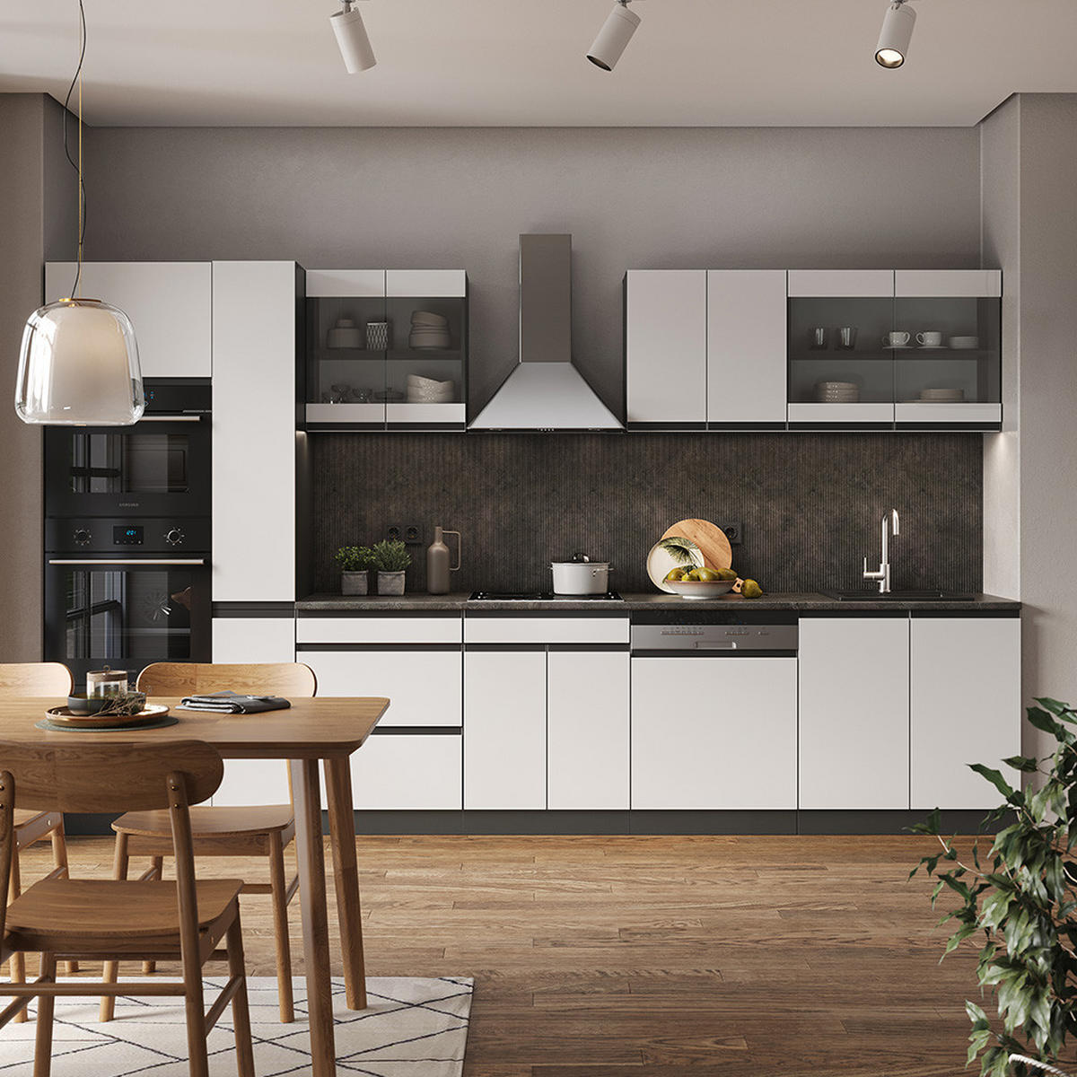 KÜCHENZEILE R-Line Weiß/Anthrazit 350 cm J-Shape mit Hochschrank ohne AP - Anthrazit/Weiß, Holzwerkstoff (350/81.6/46cm) - Vicco