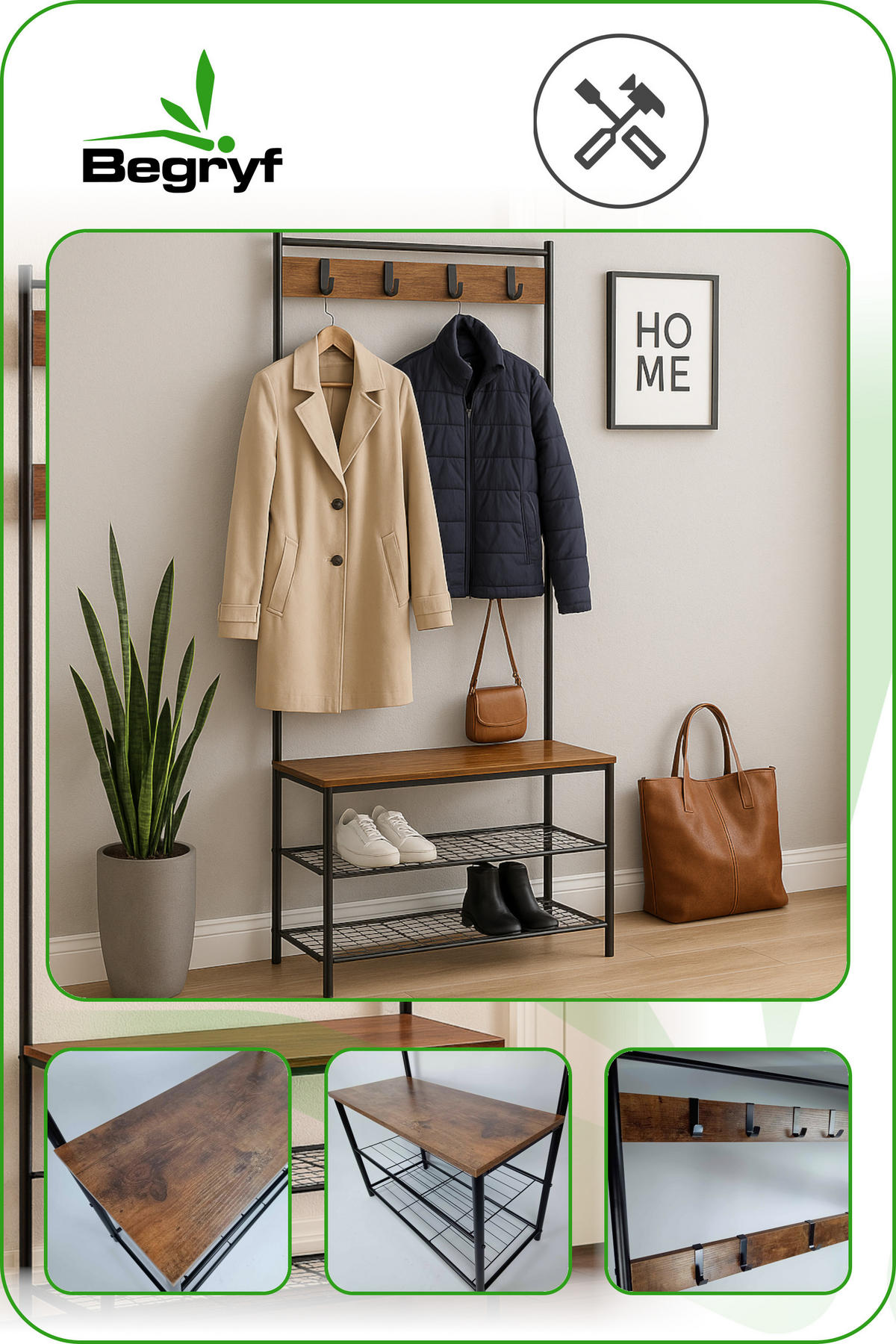 GARDEROBENBANK Holzoptik Metall Dunkelbraun Schwarz mit Schuhablage 175x70x32 cm - Dunkelbraun/Schwarz, Holzwerkstoff/Metall (32/175/70cm) - Begryf