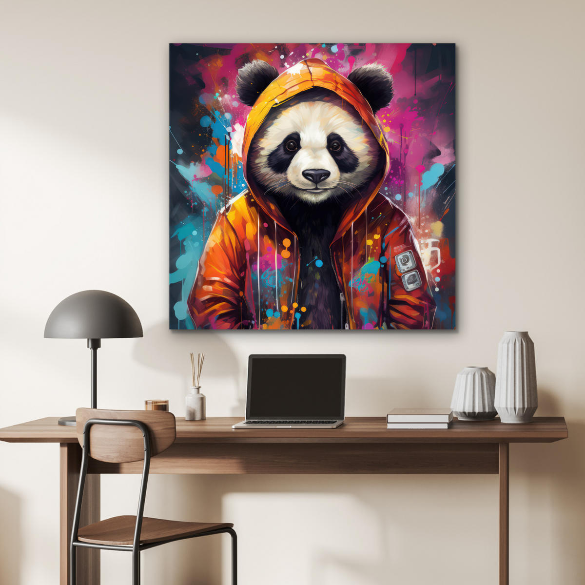 METALLBILD Panda - Jacke - Graffiti - Orange 90x90 cm - Orange, Metall (90/90cm) - MuchoWow