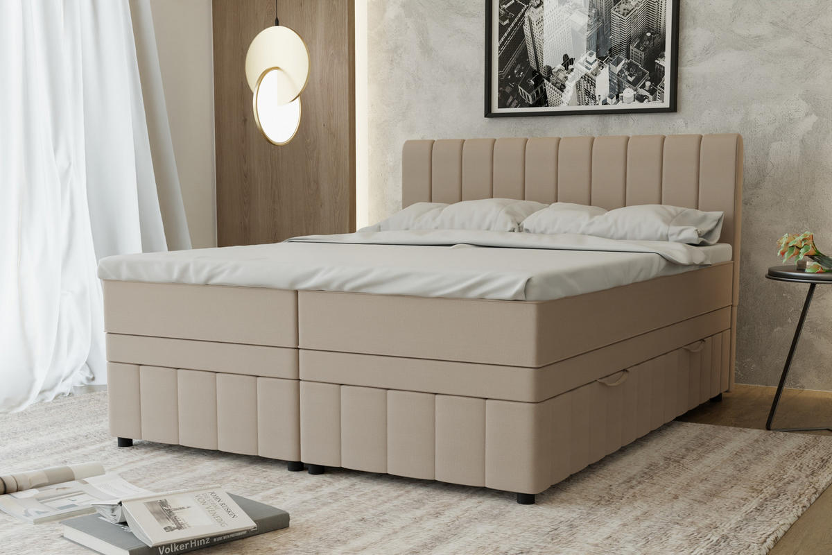 BOXBETT AVALON 160 x 200 cm mit Bettkasten und Topper - Beige - Beige, Holz - Panda Möbel