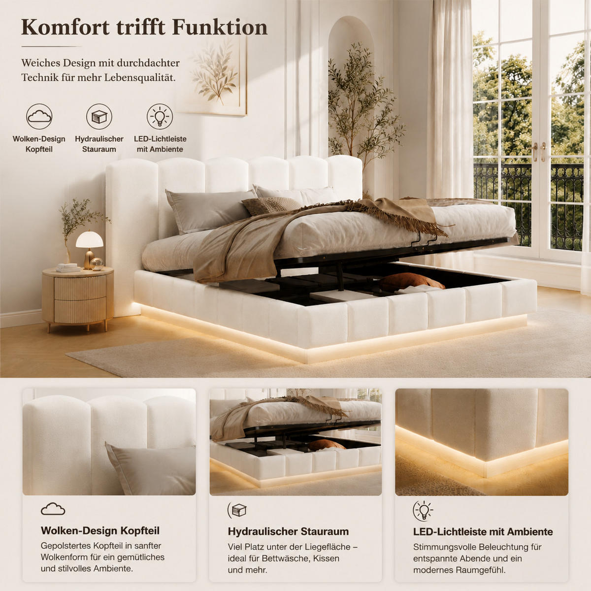 POLSTERBETT 180/200 cm in Weiß Bouclé mit Bettkasten, LED und hydraulischem Stauraum - Weiß, Holzwerkstoff/Textil (180/200cm) - STILVORA
