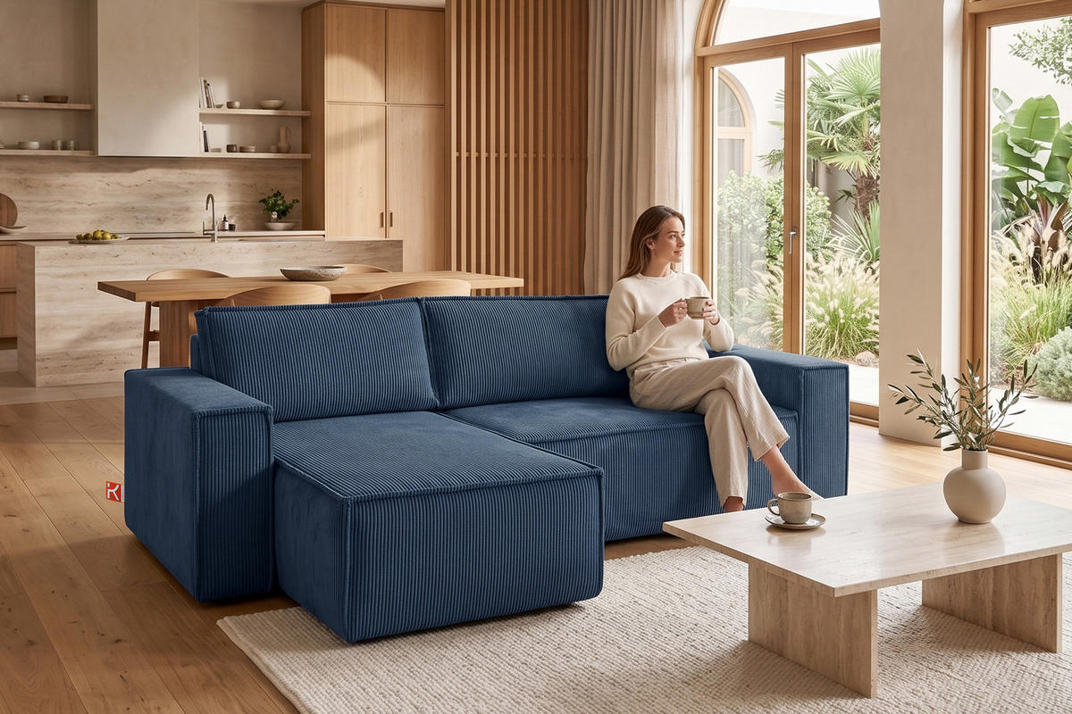 ECKSOFA-LINKS/RECHTS NAPI Schlaffunktion mit Cordbezug, blau - Blau/Schwarz, Textil (262/148cm) - KONSIMO®
