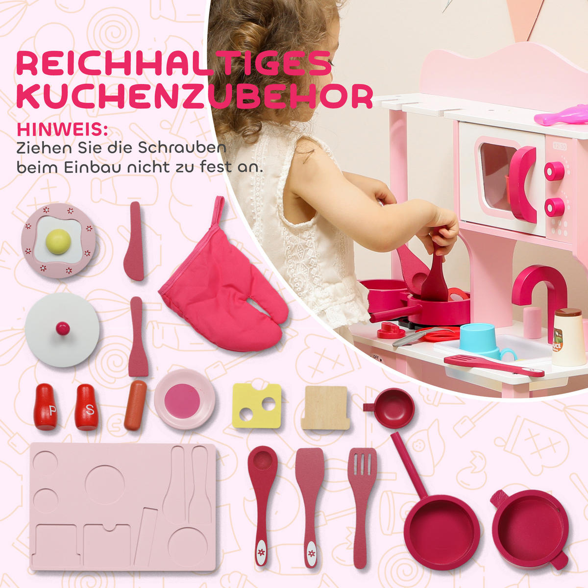 KINDERKÜCHE Spielküche mit Backofen, Herd, Spüle, Soundfunktion, Rosa - Rosa, Holzwerkstoff (24/55cm) - AIYAPLAY