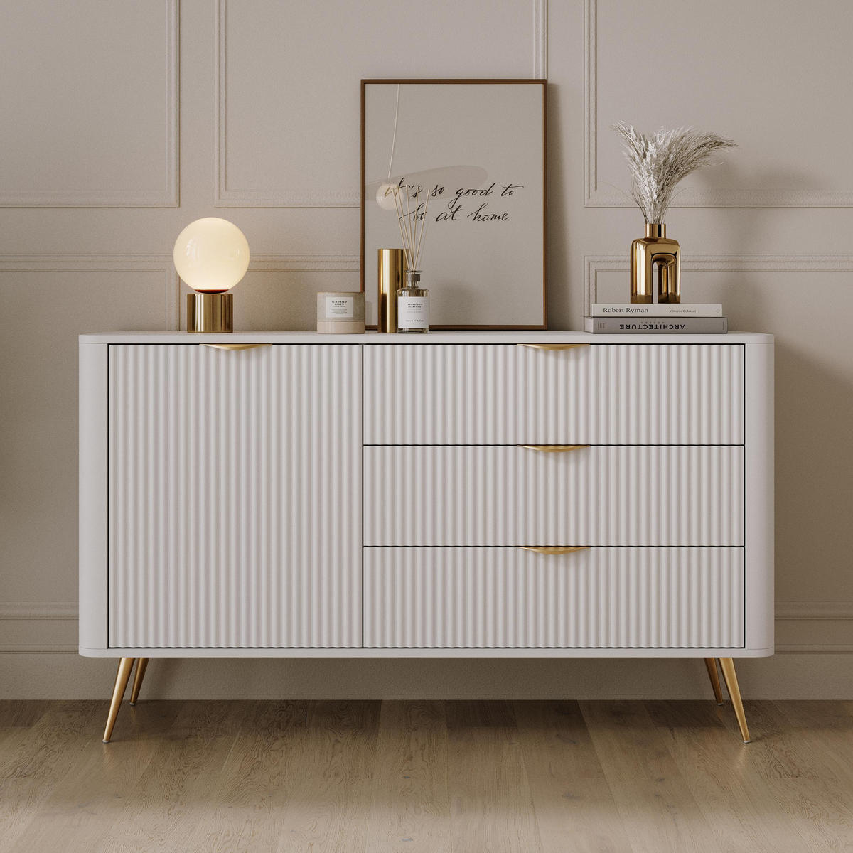 SIDEBOARD Vespasia 1T 3S Beige 138,2/81,2/38 cm – Geriffelte Fronten - Goldfarben/Weiß, Holzwerkstoff/Metall (138.2/81.2/38cm) - AX Living
