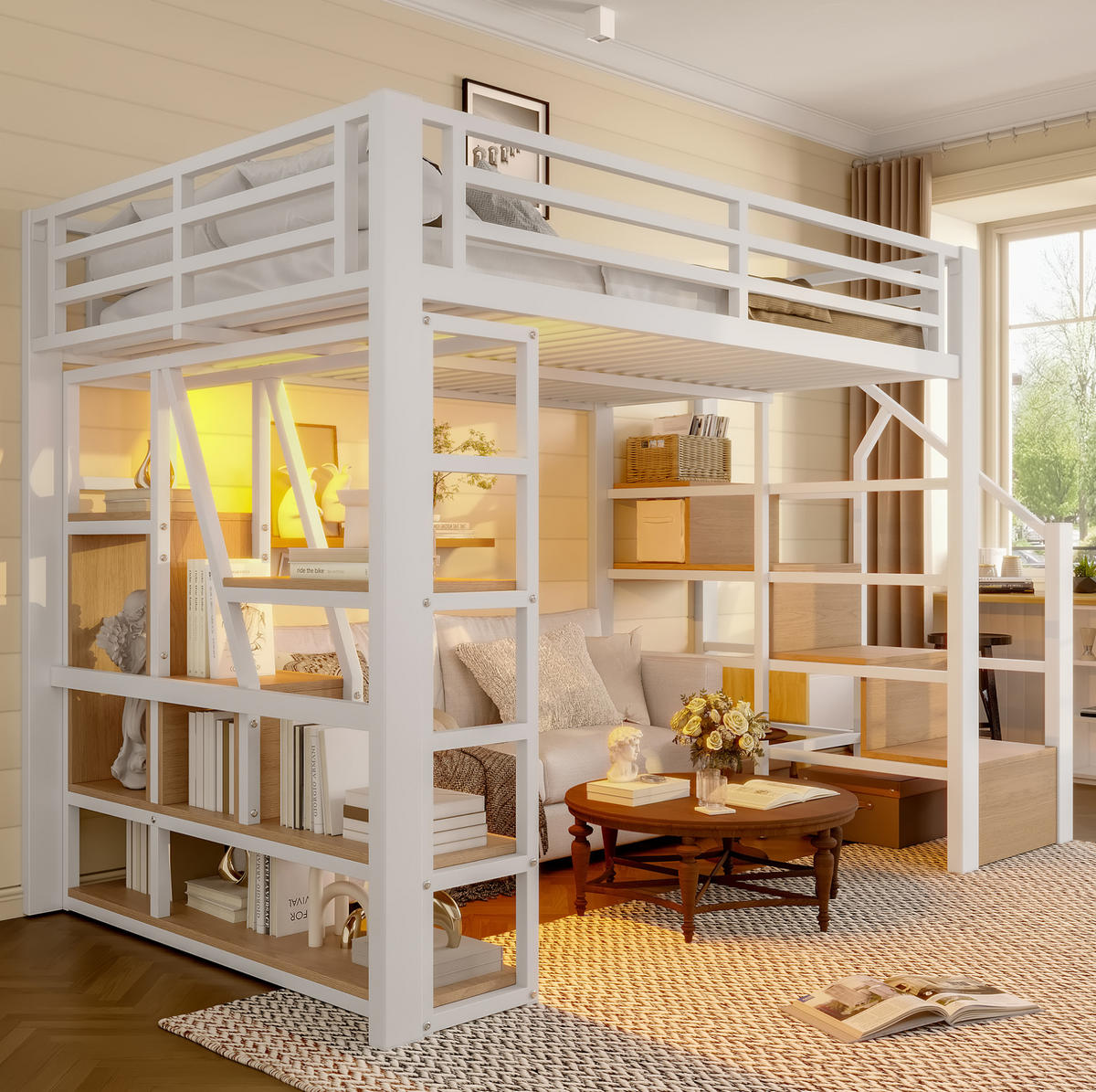HOCHBETT 140/200 cm aus Metall und MDF mit LED-Lichtleiste und Stauraumtreppe Weiß - Weiß, Holzwerkstoff (140/200cm) - Modenvie