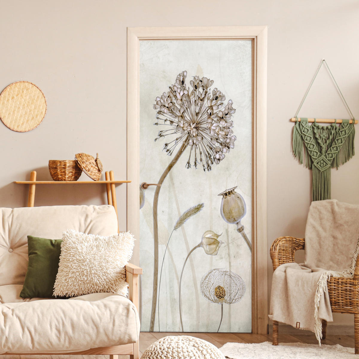 NÁLEPKA NA DVERE Kvety - Akvarel - Zátišie - Hnedá - Vintage 80x215 cm - écru, plast (80/0.1cm) - MuchoWow
