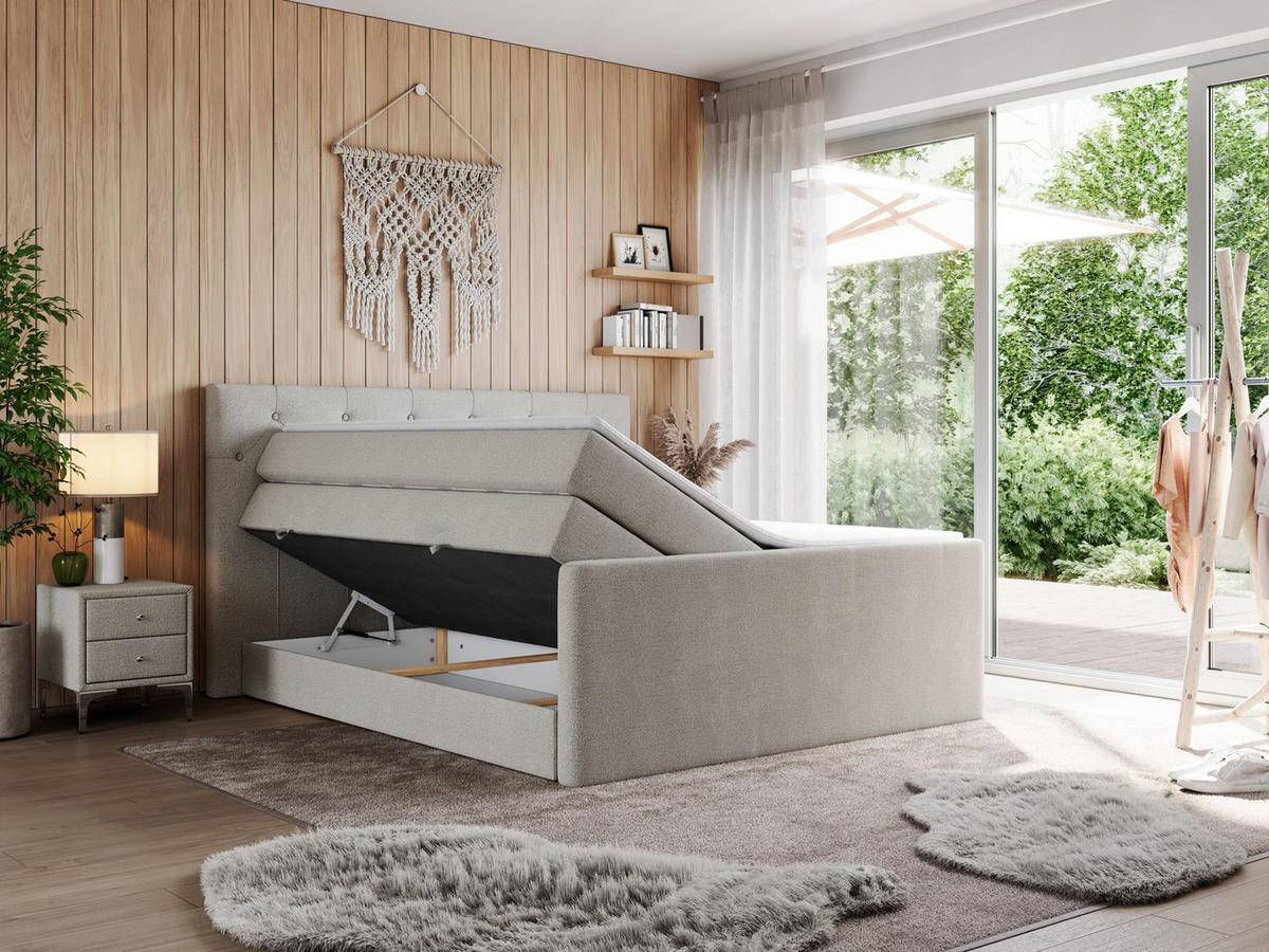 BOXSPRINGBETT KING VELEN 200/200 Beige Struktur - H3 - Beige, Holz/Textil (200/200cm) - MKS