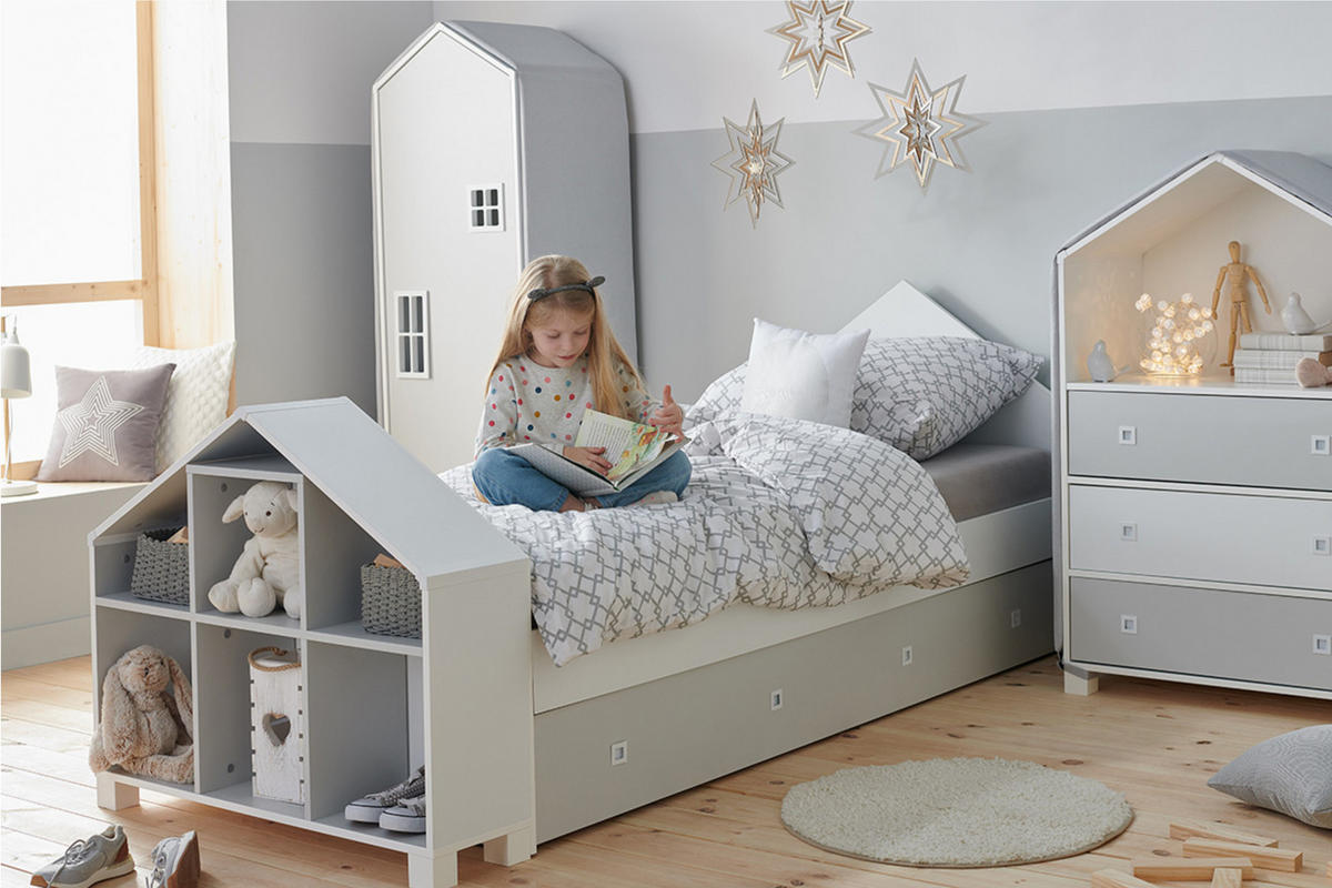KINDER-BÜCHERREGAL MIRUM Doppelseitiges, Weiß/Grau - Weiß/Grau, Holz (94/81/25cm) - KONSIMO®