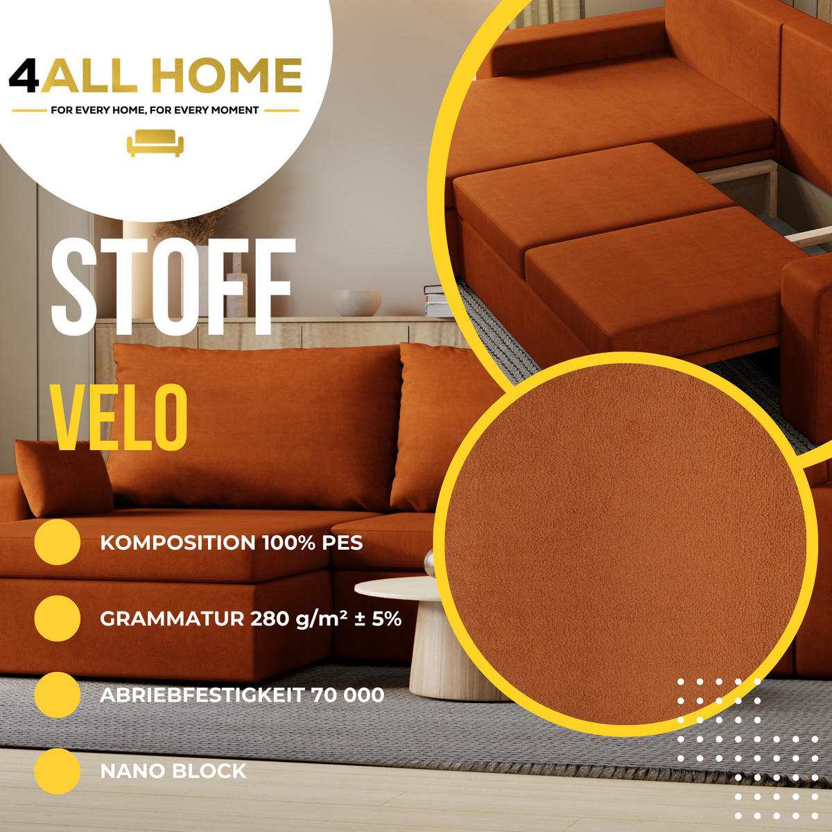 ECKSOFA Paco mit Bettkasten und Schlaffunktion, L-Form/XL-Form, Velourstoff, Universal - Rostfarben, Holzwerkstoff (276/145cm) - 4ALL HOME