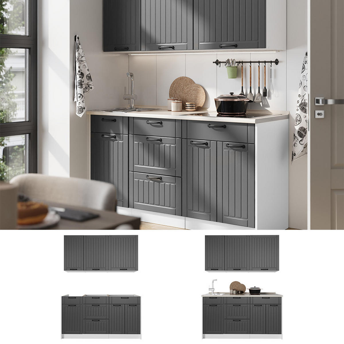 SAMOSTATNÁ KUCHYŇA Fame-Line, Tmavo-sivá/biely, 150 cm, AP Marble - biela/tmavosivá, kompozitné drevo (150/82/60cm) - Vicco
