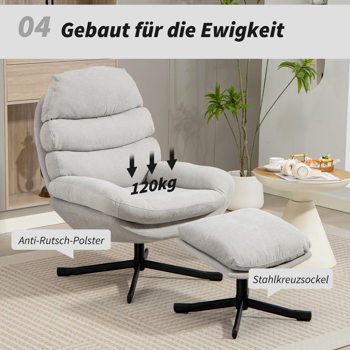 RELAXSESSEL mit Hocker Sessel Loungesessel mit Chenille-Optik Cremeweiß - Blau/Creme, Textil/Metall (78/100/93cm) - HOMCOM