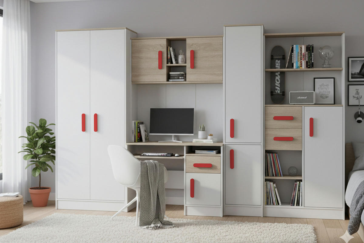 KINDERZIMMER MIKI Korpus Weiß | Griffe Rot - Rot/Weiß, Holz/Holzwerkstoff (300/197/52cm) - Deine Möbel 24
