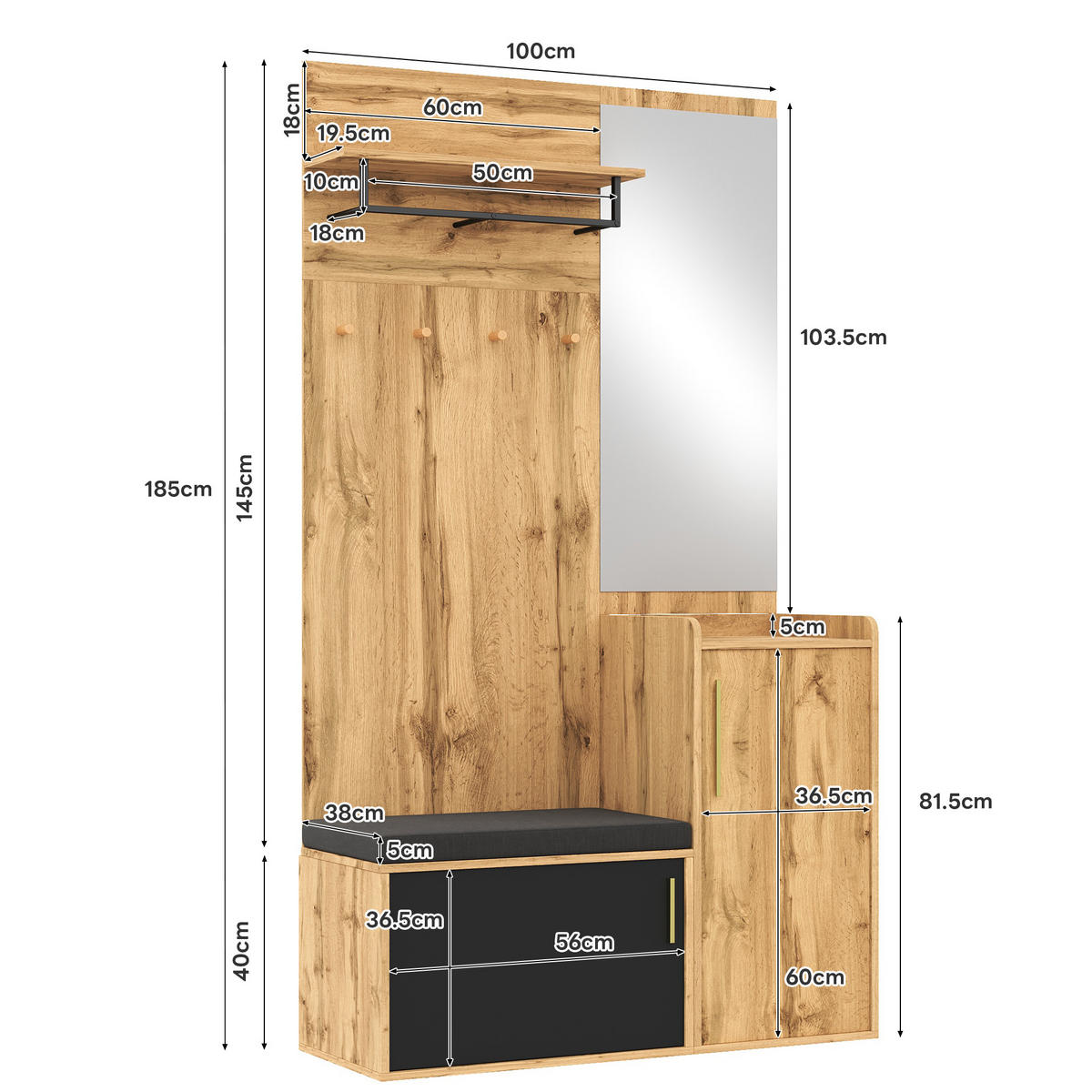 GARDEROBENSET Spiegel Sitzbank Schuhschrank - Naturfarben, Holzwerkstoff (100/185/38cm) - Fortuna Lai
