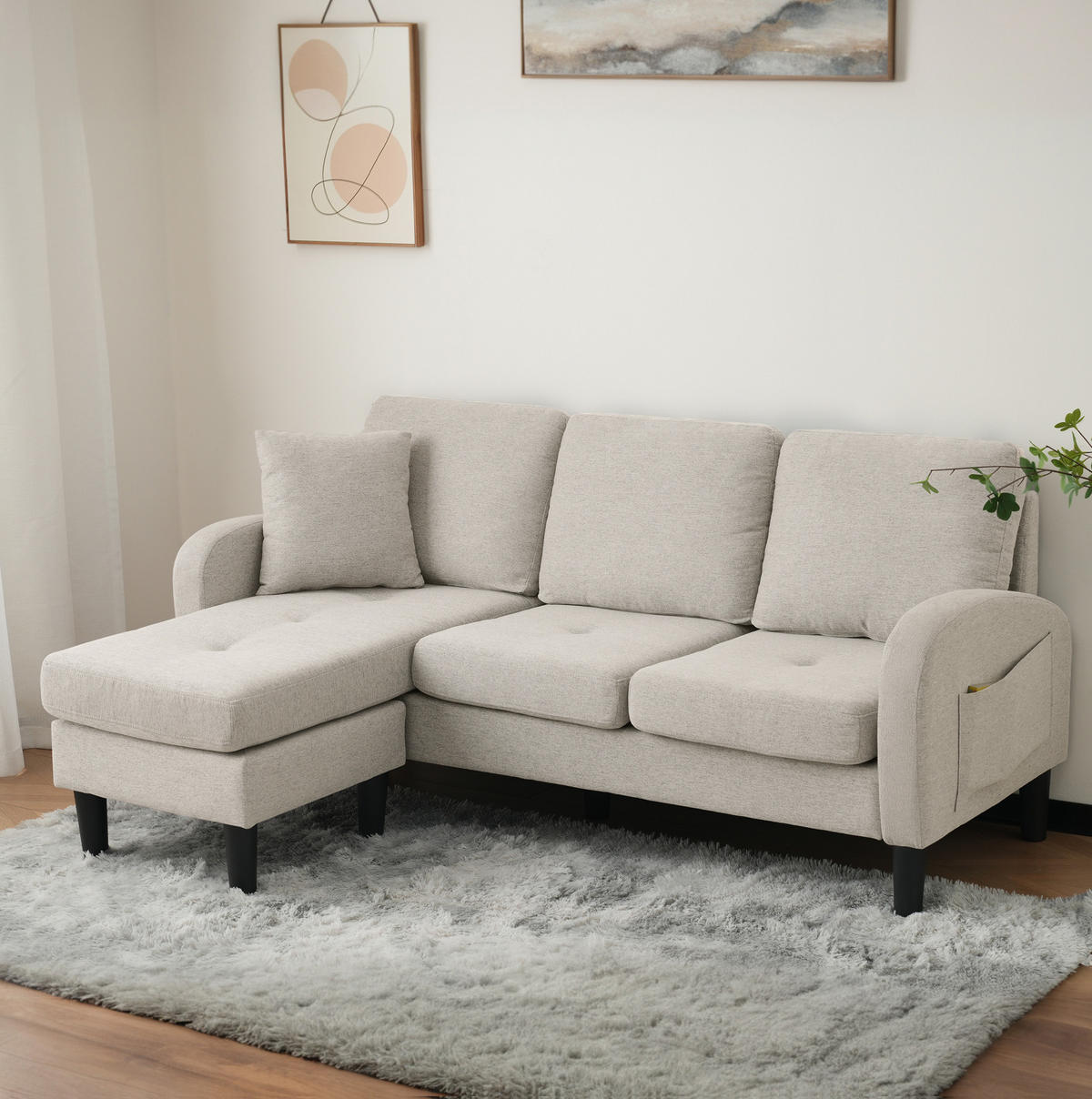 ECKSOFA Baumwoll-Leinenbezug mit modularer Chaiselongue Beige Grau Weiß 166/118/77 cm - Greige, Textil (166/118cm) - Redom