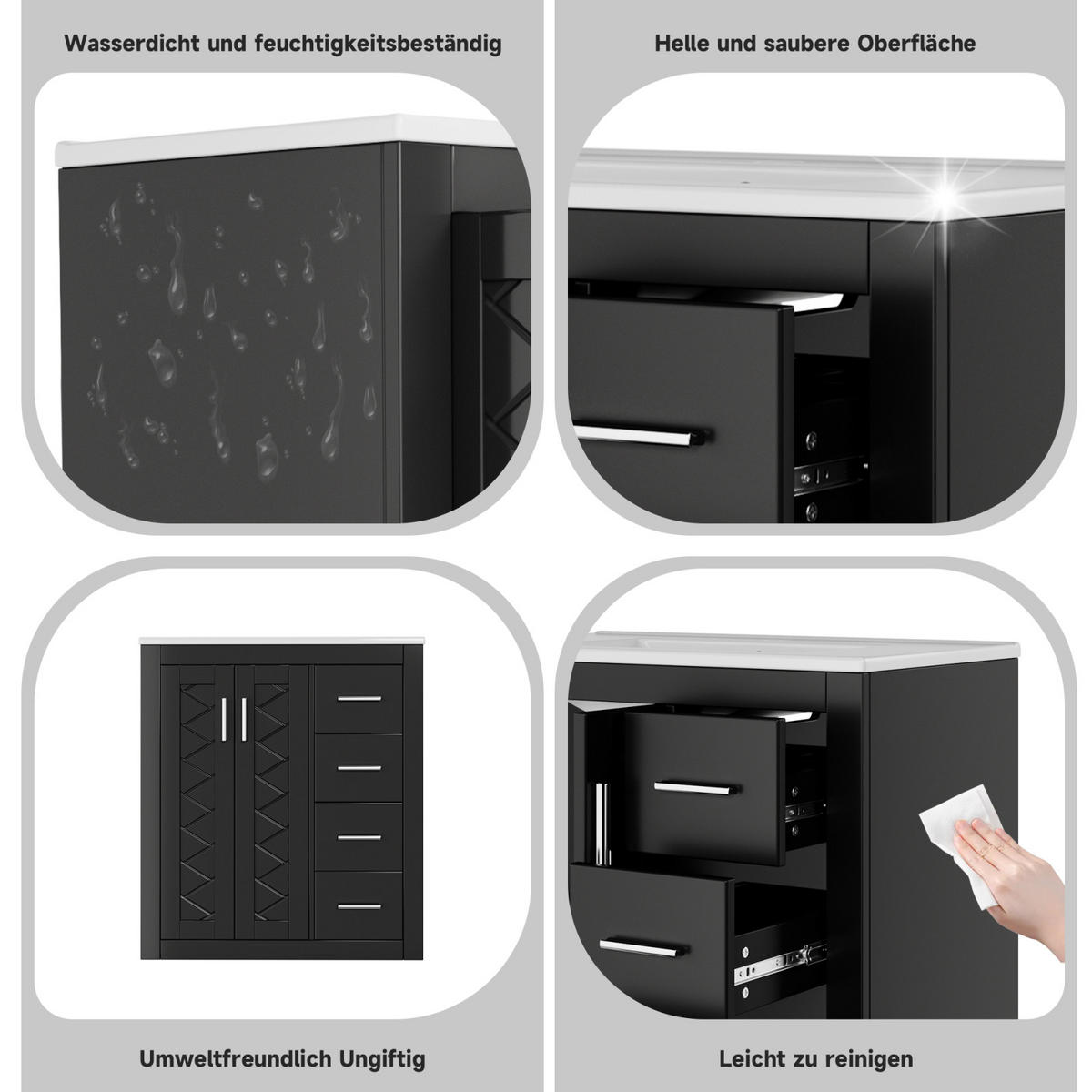 WASCHTISCHKOMBI,WASCHBECKENUNTERSCHRANK mit Keramikbecken 4 Schubladen - Schwarz, Holz/Metall (76/85/46cm) - PARAFTA HOME