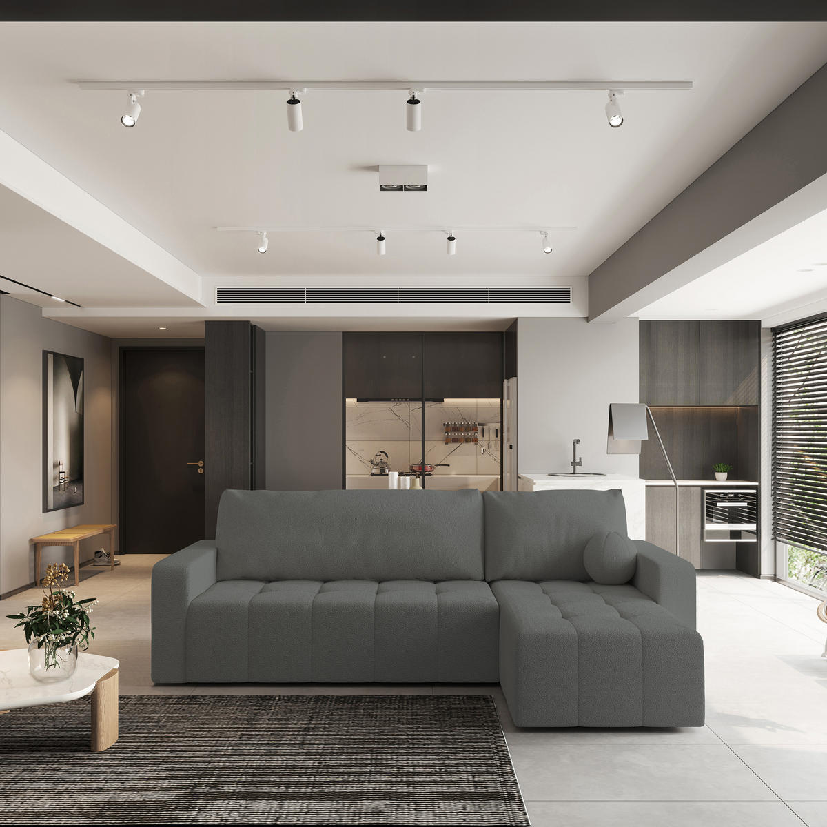 ECKSOFA VOLIRA Grau Boucle-Stoff mit Schlaffunktion - Grau, Holz (230/143cm) - MASSENO