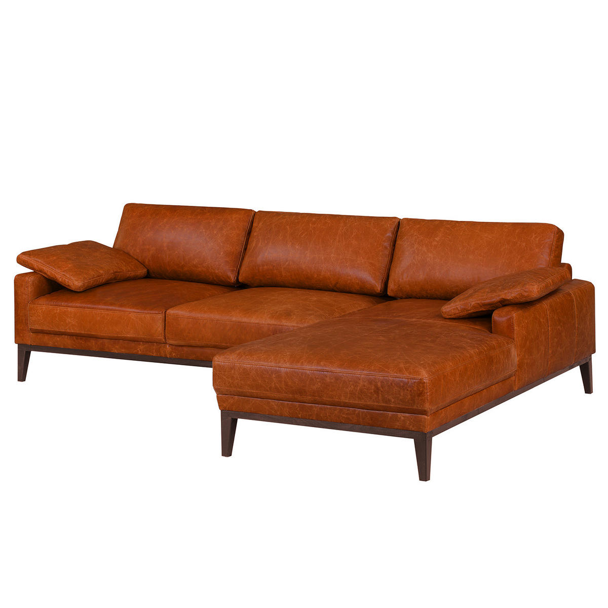 ECKSOFA mit Longchair - Cognac/Dunkelbraun, Leder/Holz (249/171cm) - home24