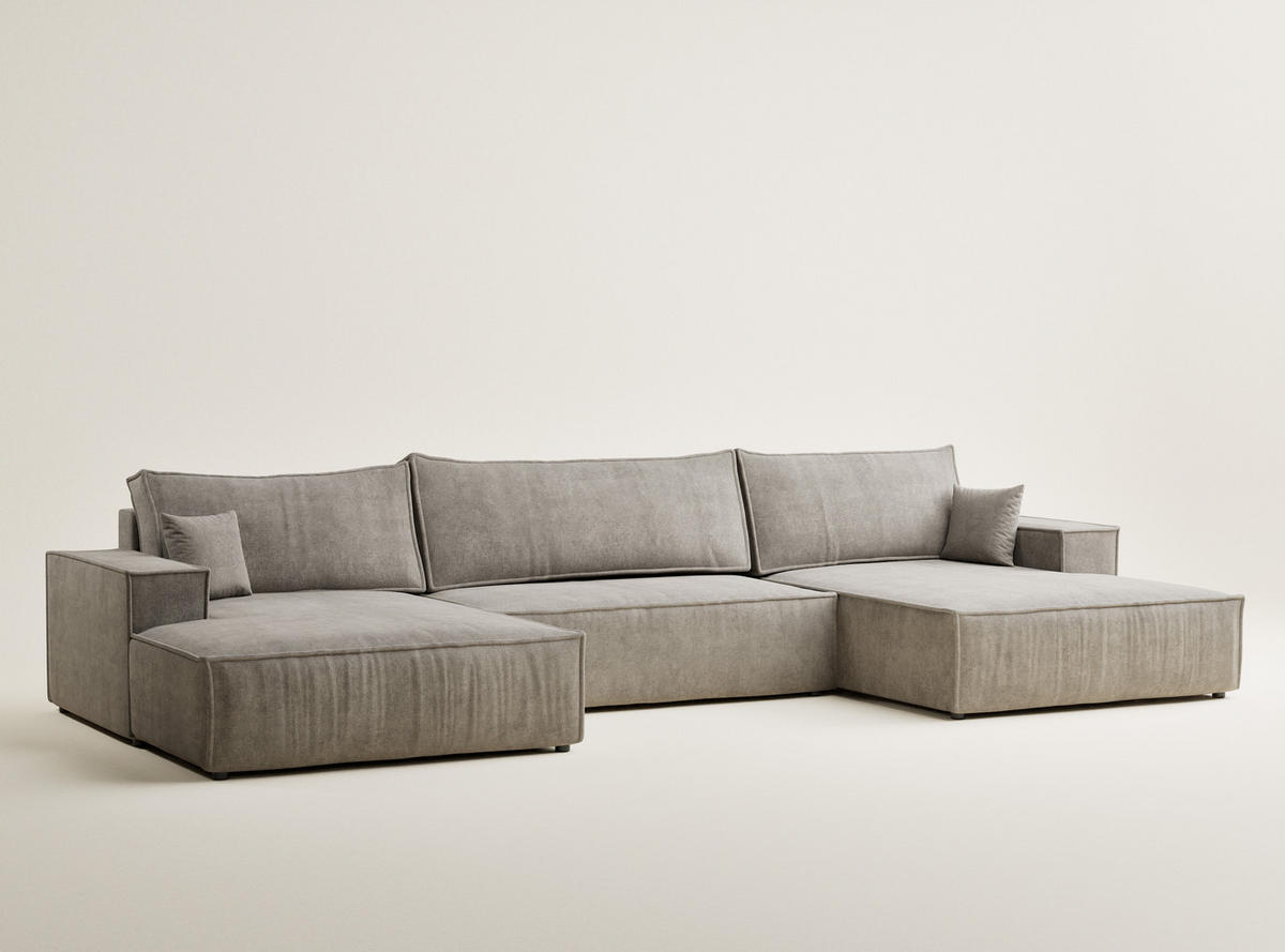 WOHNLANDSCHAFT Kyoto Braun Webstoff - Schwarz/Braun, Holz/Holzwerkstoff (398/70/148cm) - Maison de Reve