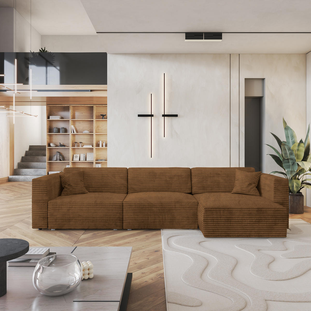 ECKSOFA TOLMO Kupferfarben Kordstoff mit Schlaffunktion - Grau/Kupferfarben, Holz/Kunststoff (347/148cm) - MASSENO