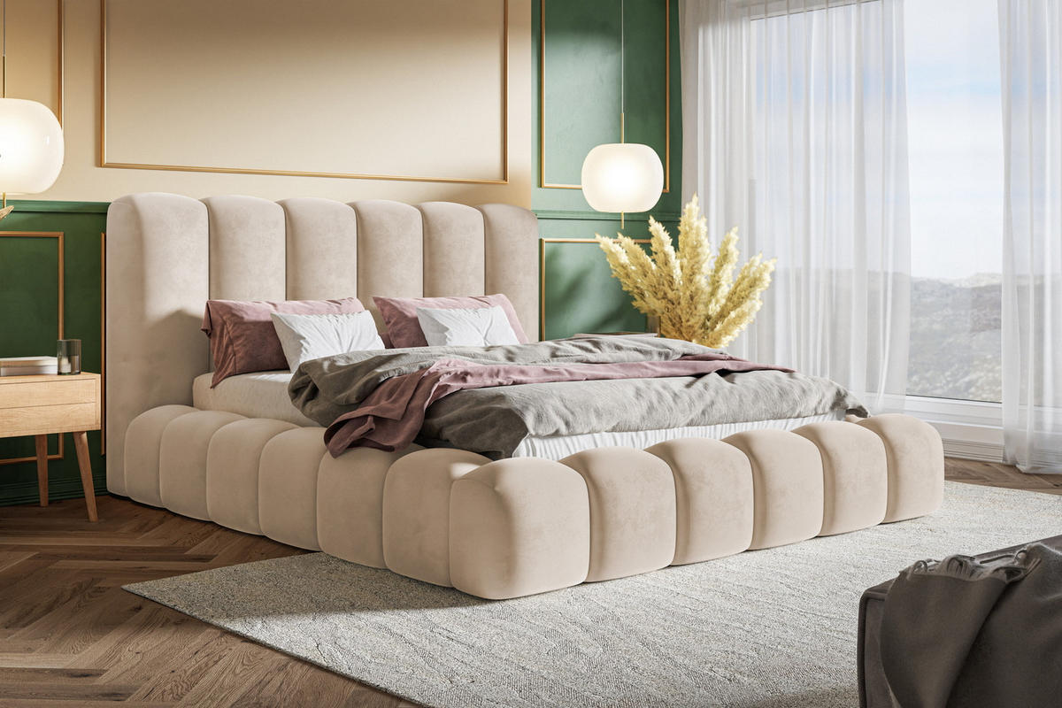 POLSTERBETT 160x200 cm Madeno mit Bettkasten, Samtstoff, Beige - Beige, Holz/Textil (160/200cm) - Emporius