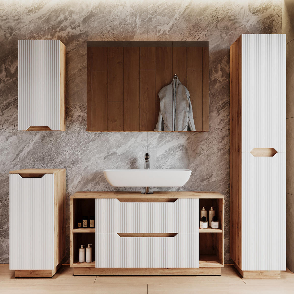 BADMÖBEL-SET Lotta Eiche/weiß gestreift 5 Teile - Weiß, Holzwerkstoff (119.2/62.5/35cm) - Vicco