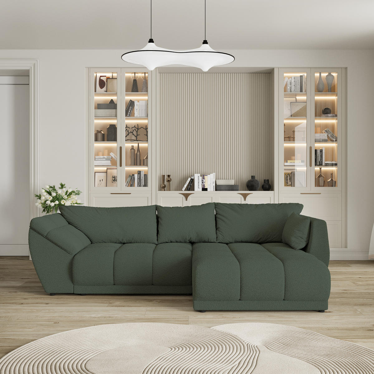 ECKSOFA ORENTI R-S Grün Boucle-Stoff mit Schlaffunktion - Grün, Holz (287/182cm) - MASSENO