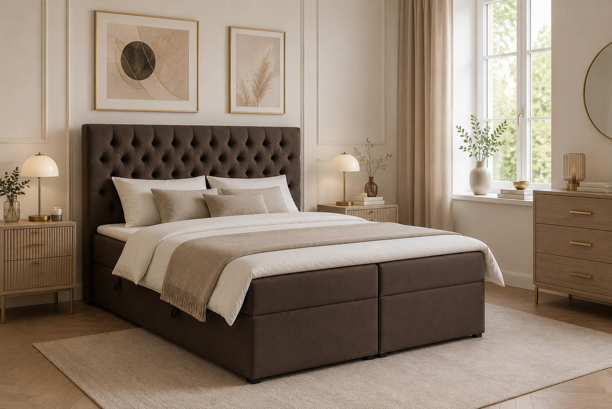 BOXSPRINGBETT LAVIDO mit Topper und Bettkasten, Braun, 200x200 cm - Braun, Textil (200/200cm) - KS Home Concept