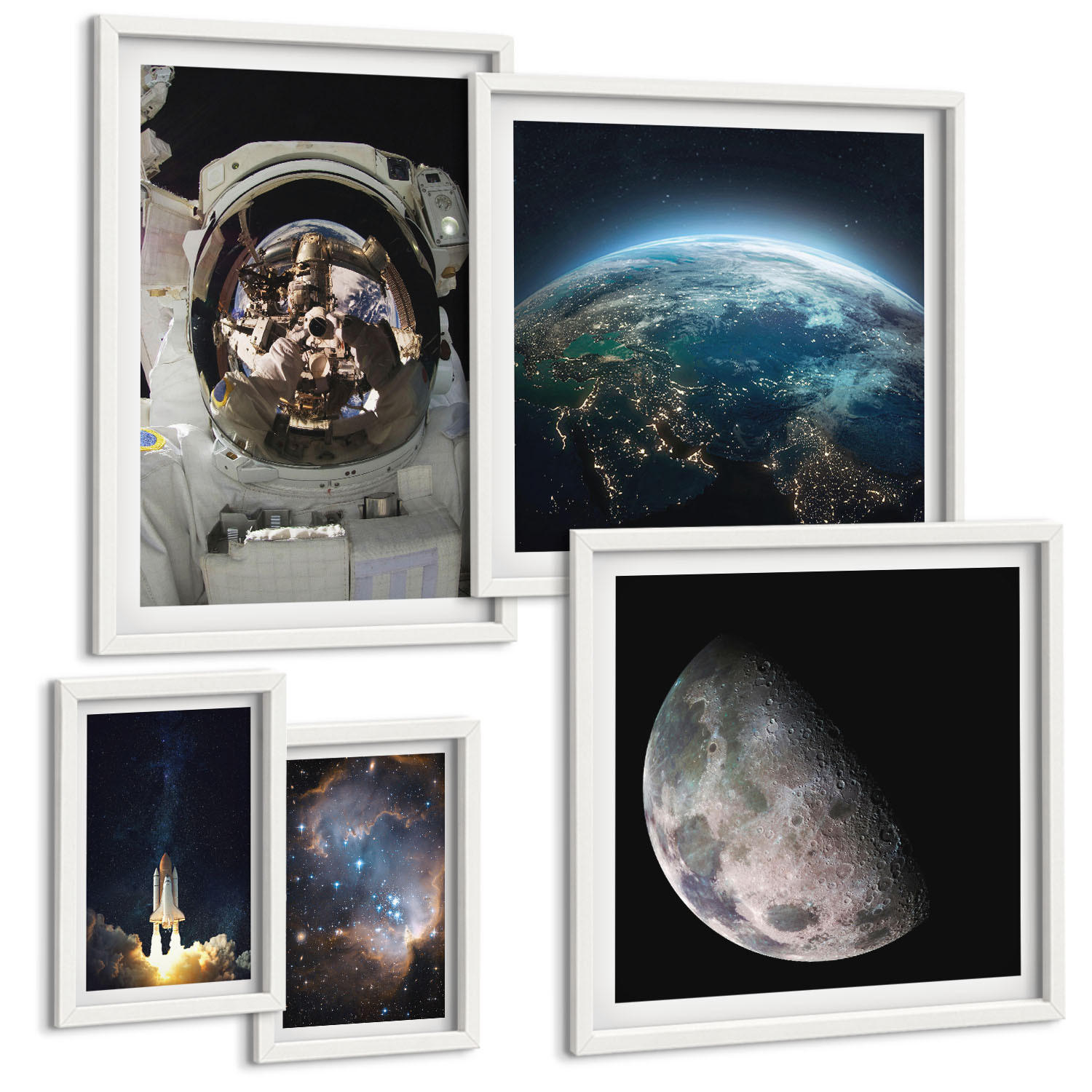 BILDER SET 5er Set - 50x50 cm & 20x30 cm & 40x60 cm Weißer Rahmen - Weltraum Erde Rakete Galaxie - Weiß, Kunststoff (40/60cm) - TULUP