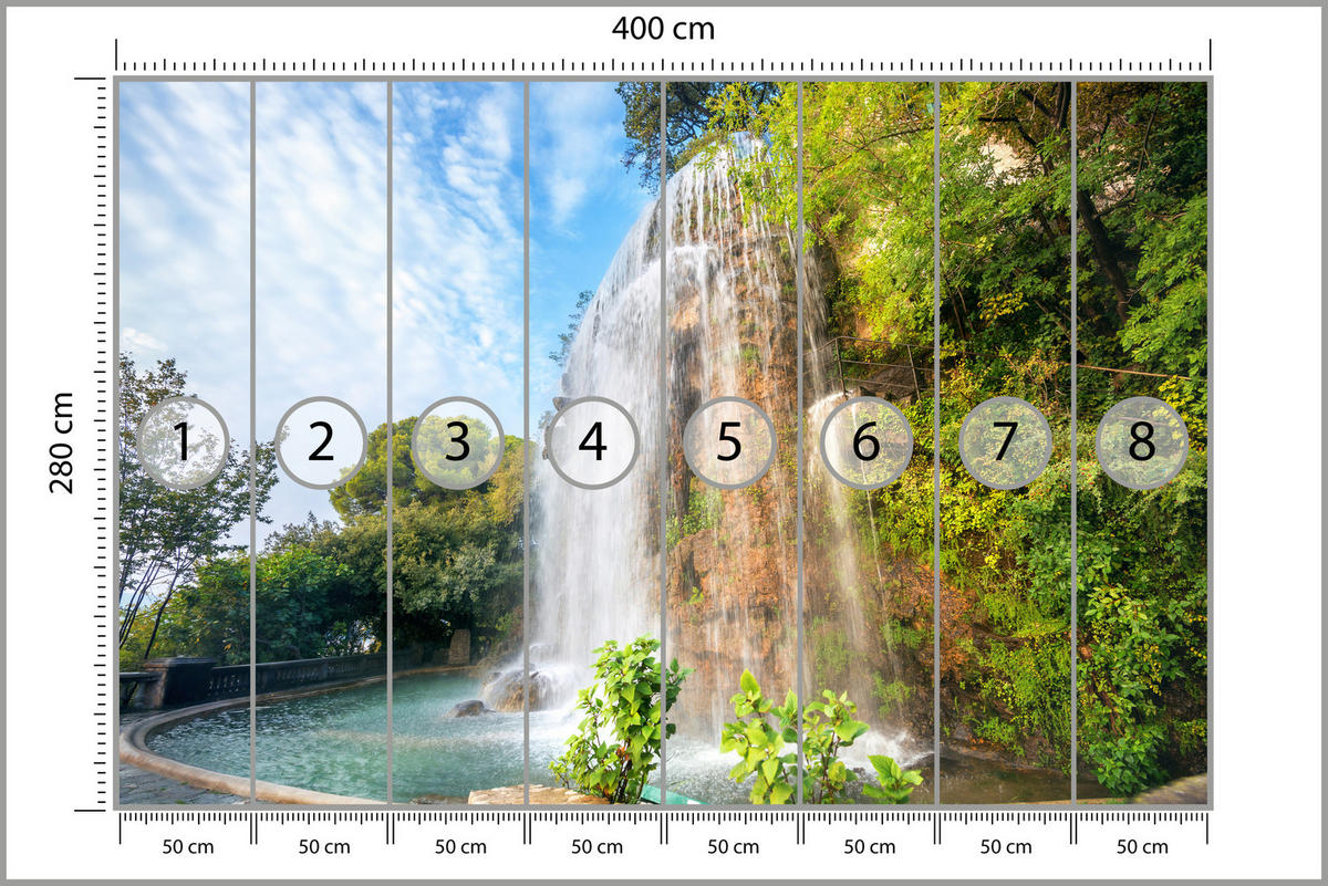 FOTOTAPETE für Wohnzimmer Wasserfall Nizza Felsen Pflanzen Bäume 400x280 - Blau/Beige, Papier (400/280cm) - Muralo