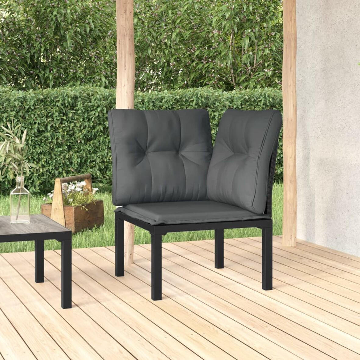 GARTEN-ECKSTUHL MIT KISSEN SCHWARZ UND GRAU POLY RATTAN - Schwarz/Grau, Kunststoff/Textil (62/68/62cm) - vidaXL