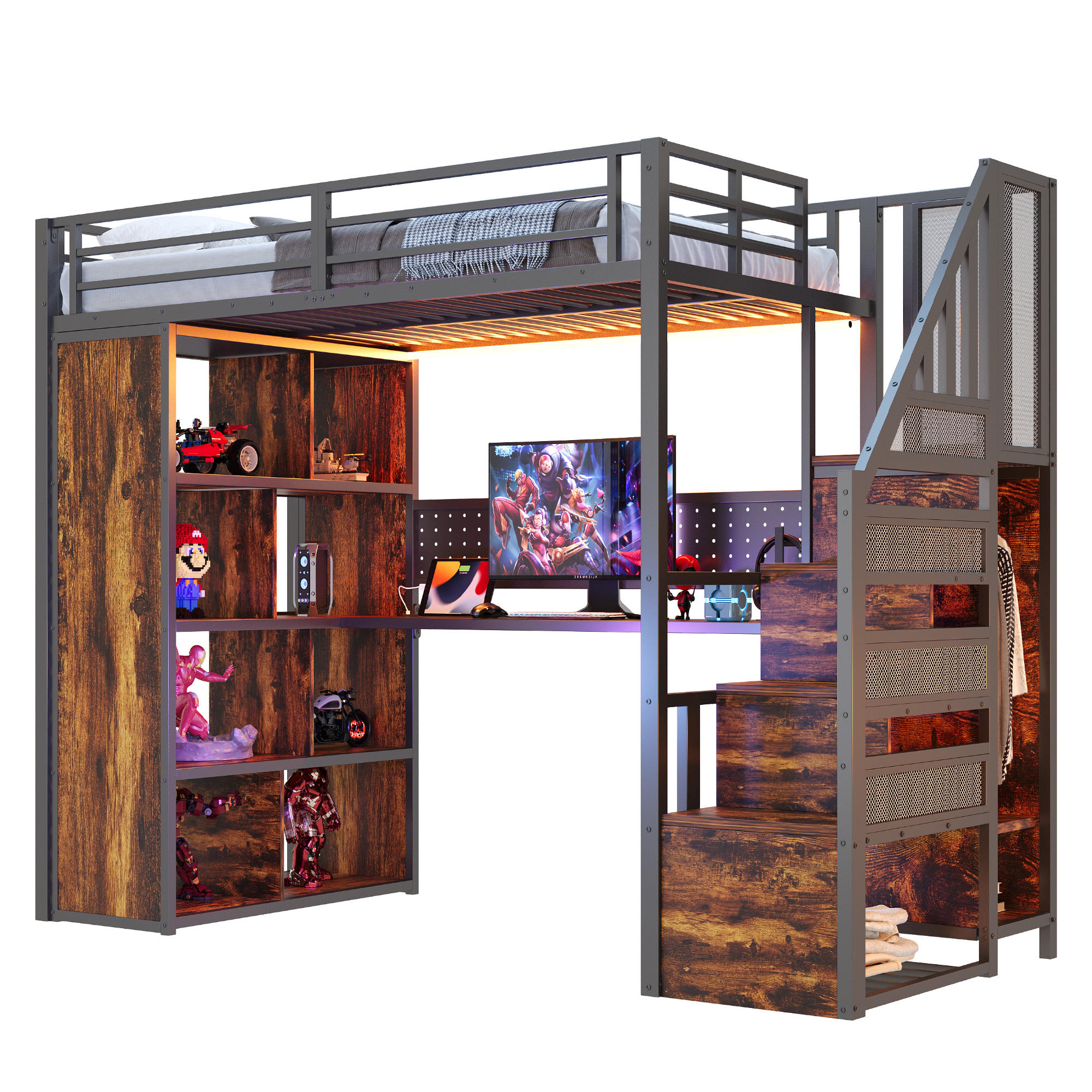 STILVORA HOCHBETT 90/200 cm in Schwarz mit Stauraumtreppe, Kleiderschrank, Schreibtisch und LED