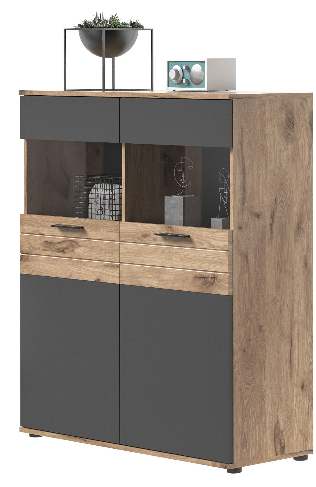 HIGHBOARD Eiche, grau 110/122 cm mit Soft-Close, Wohn- und Esszimmermöbel - Eichefarben/Schwarz, Glas/Holzwerkstoff (110/122/37cm) - Inn.Furn
