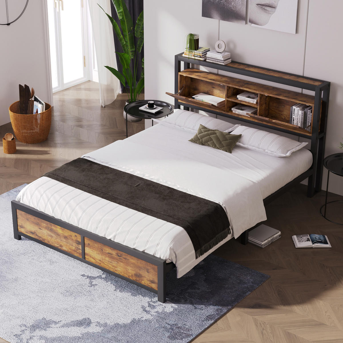 BETT 140/200 cm mit Stauraum-Kopfteil, Metall-Lattenrost & Unterbett-Stauraum, Natur - Naturfarben, Metall (140/200cm) - Redom