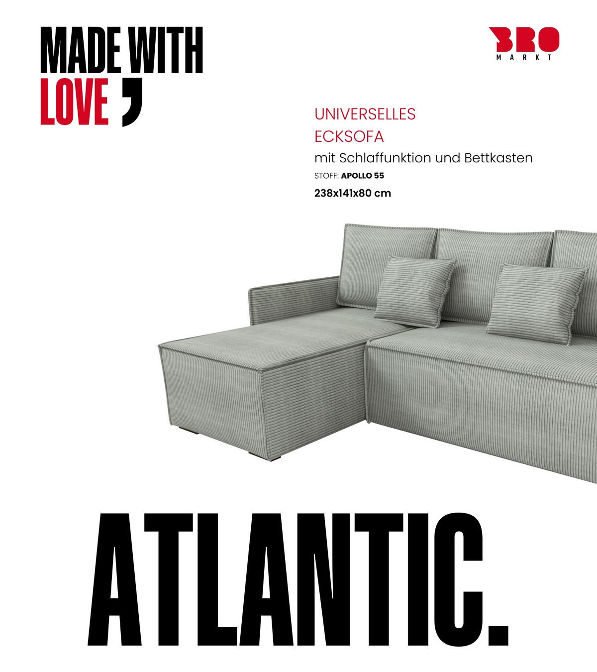 ECKSOFA Atlantic mit Schlaffunktion Grau Cord - Hellgrau, Textil (238/141cm) - Bromarkt