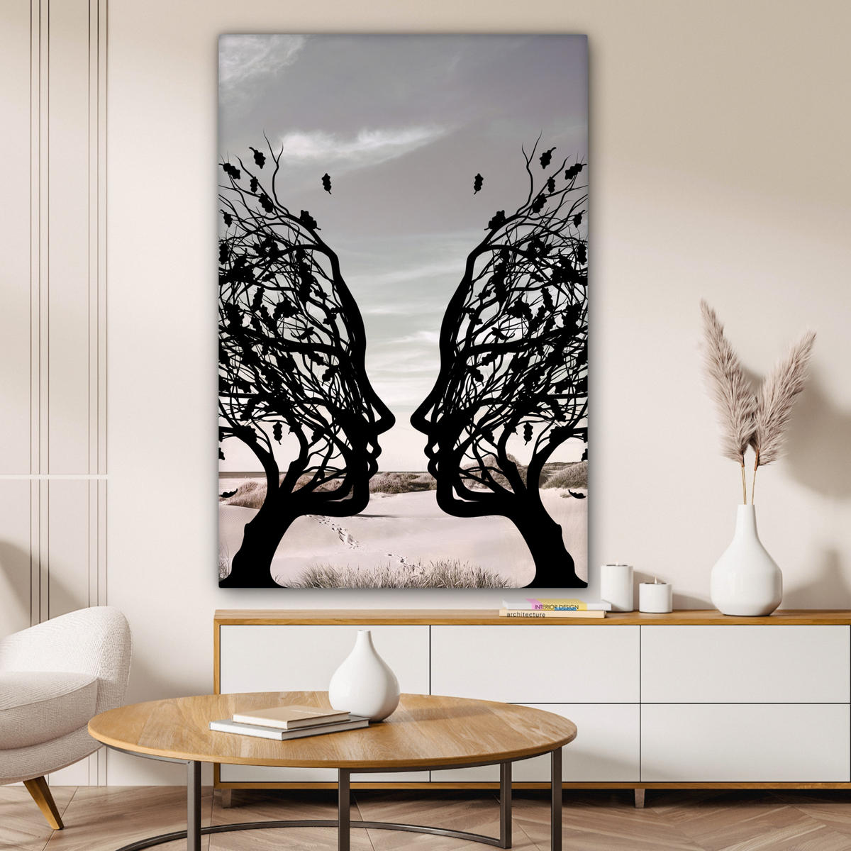 LEINWANDBILD Strand - Meer - Menschen - Baum - Moderne Kunst 80x120 cm - Hellgrau, Textil (80/120cm) - MuchoWow