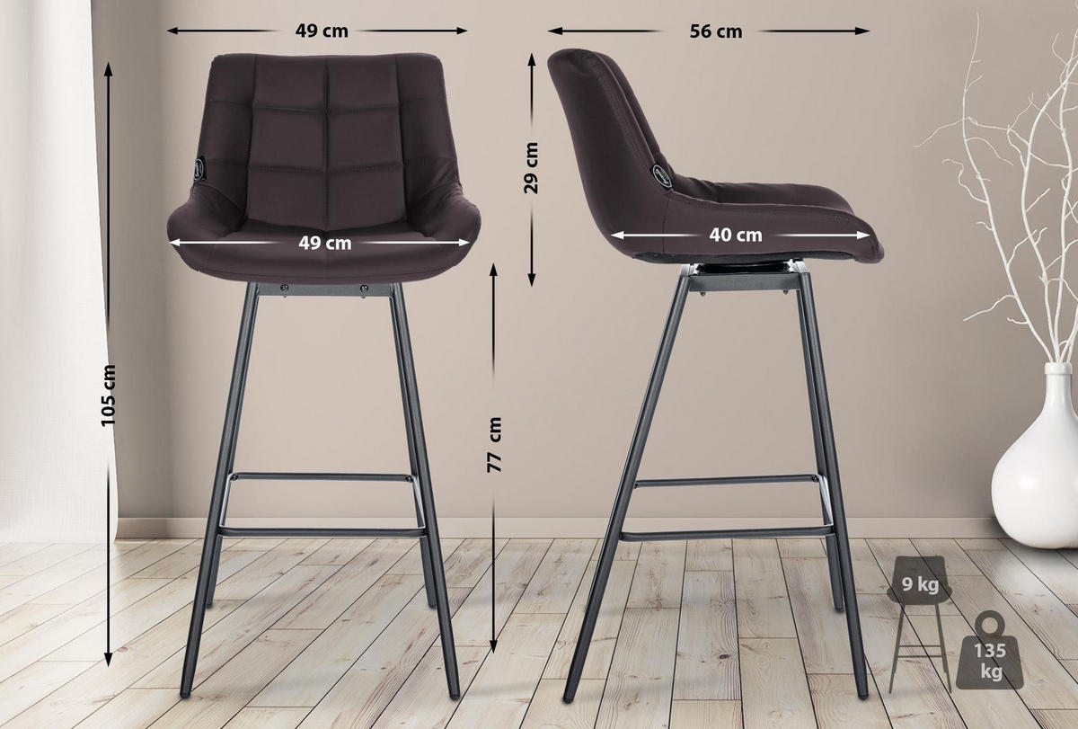 BARHOCKER Lederlook braun - Schwarz/Braun, Textil/Metall (49/105/56cm) - CLP