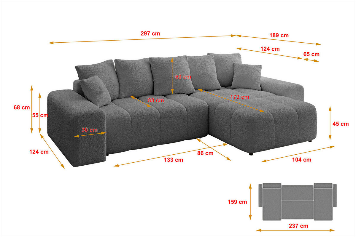 ECKSOFA Ottomane rechts ENIL-L 297x189x68 Grau Bouclé - Platinfarben, Holzwerkstoff/Kunststoff (189/297cm) - ALTDECOR