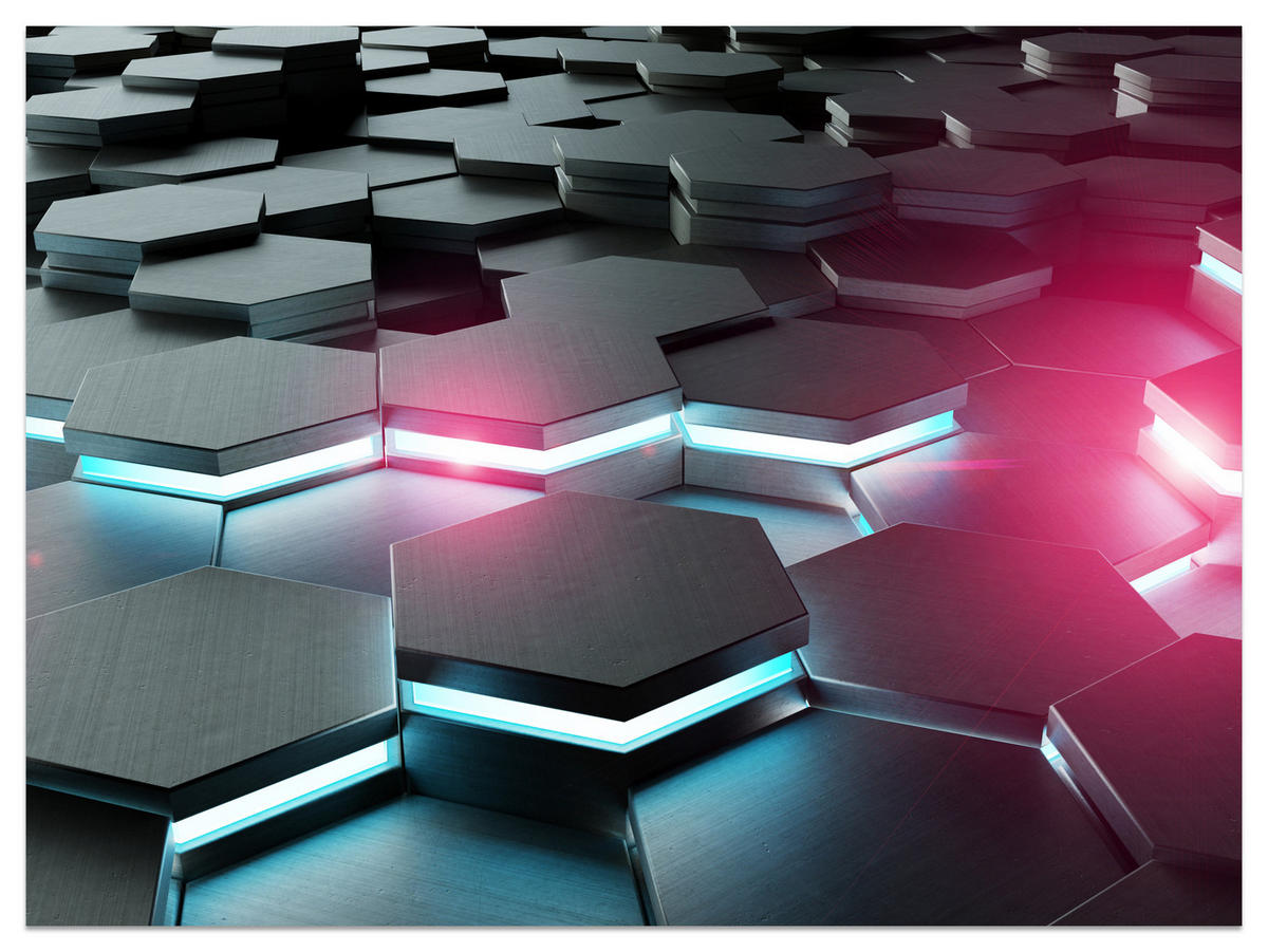FOTOTAPETE für Büro Schwarz Hexagone Neon Rosa Blau Formen Geometrie 150x105 - Blau/Schwarz, Papier (150/105cm) - Muralo