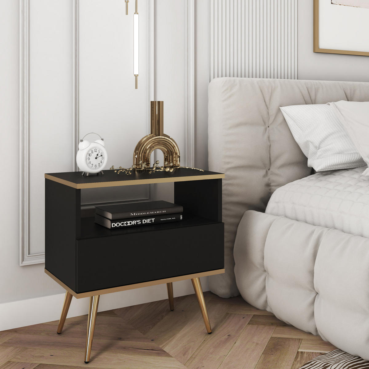NACHTTISCH FORNO (Schwarz, Goldene Details, 1 Schublade, offenes Fach, goldene Metallfüße) - Gelb/Goldfarben, Holz/Holzwerkstoff (54/59/39cm) - Ravio