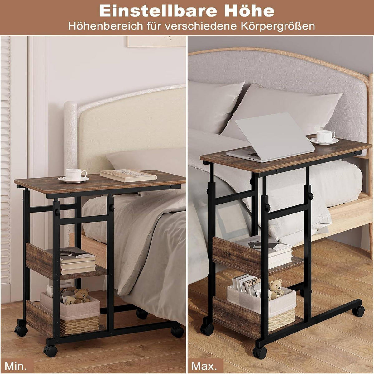 BEISTELLTISCH C Form, mit Rollen, Vintage-Holzoptik - Dunkelbraun/Schwarz, Holzwerkstoff/Metall (40/80/76cm) - Woltu