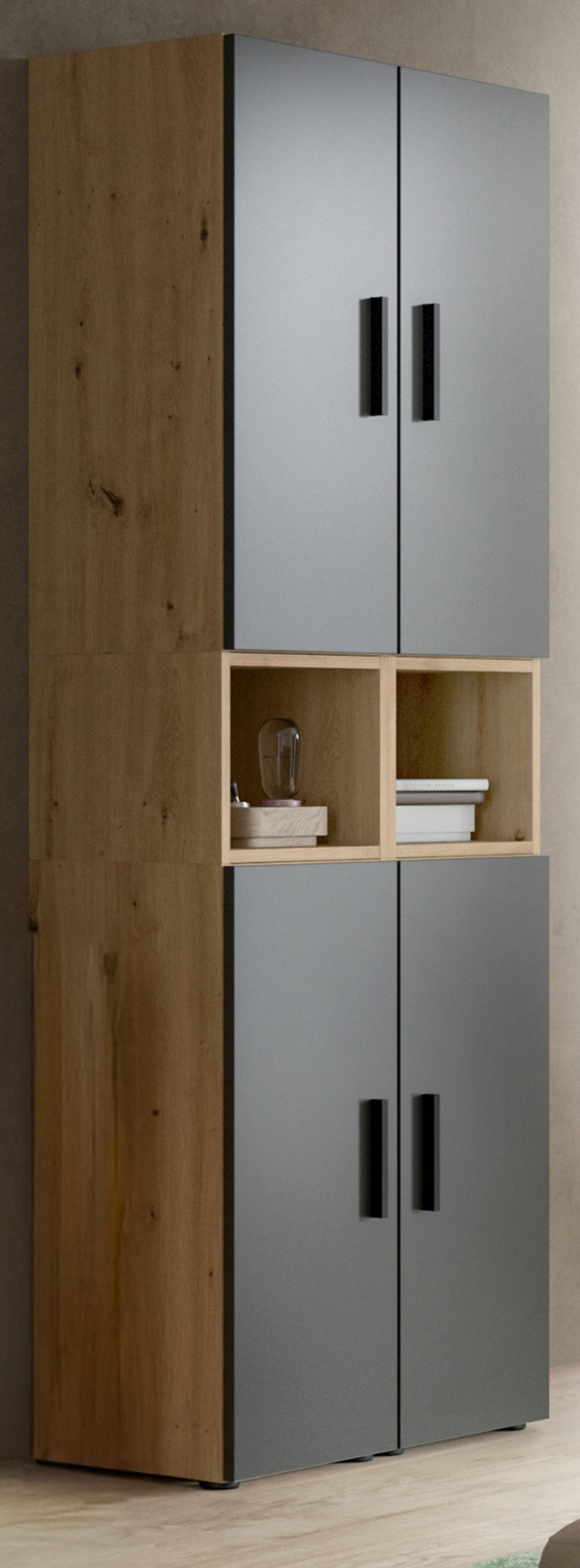 STAURAUMSCHRANK grau, Eiche Artisan 65 x 178 cm, Mehrzweckschrank mit viel Stauraum - Schwarz/Eiche Artisan, Holzwerkstoff/Kunststoff (65/178/34cm) - Inn.Furn