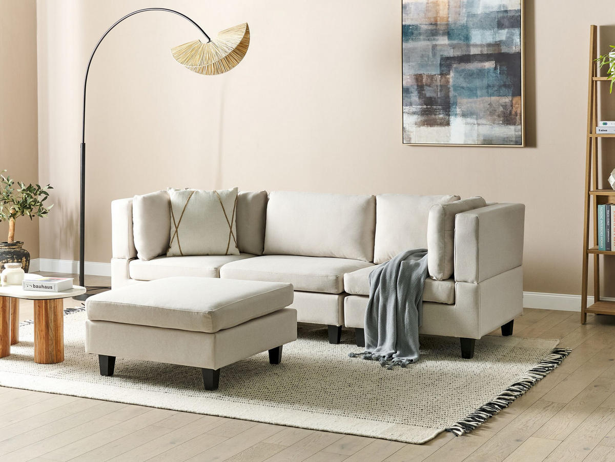 3-SITZER-SOFA Leinenoptik hellbeige mit Ottomane Unstad - Beige/Schwarz, Textil (228/72/76cm) - Beliani